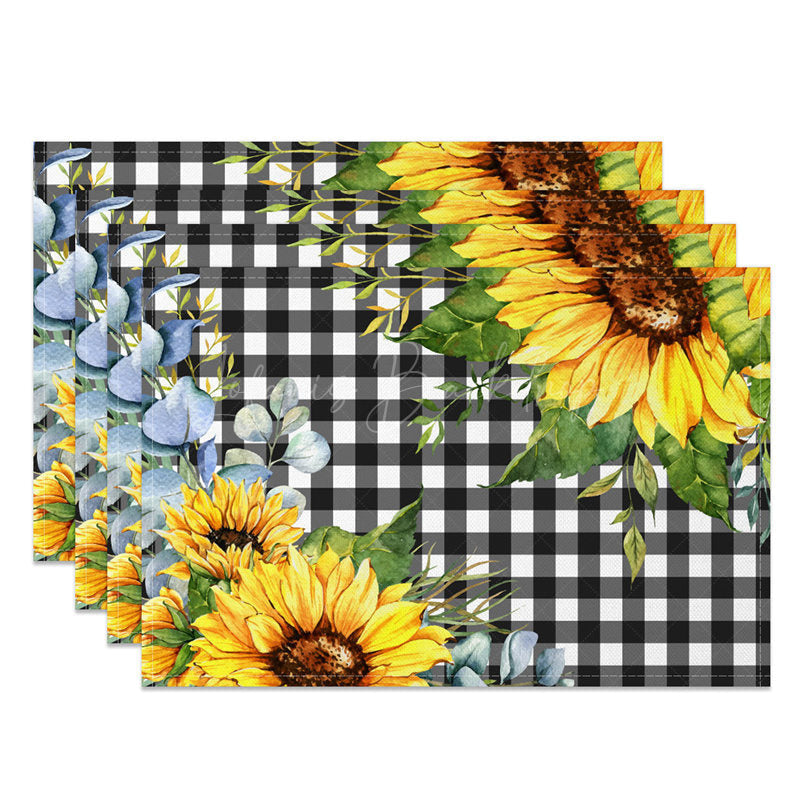 Lofaris Leaves Sunflower Black White Plaid Set Of 4 Placemats
