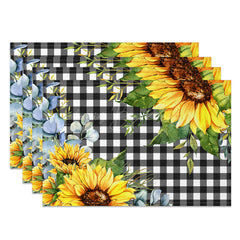 Lofaris Leaves Sunflower Black White Plaid Set Of 4 Placemats