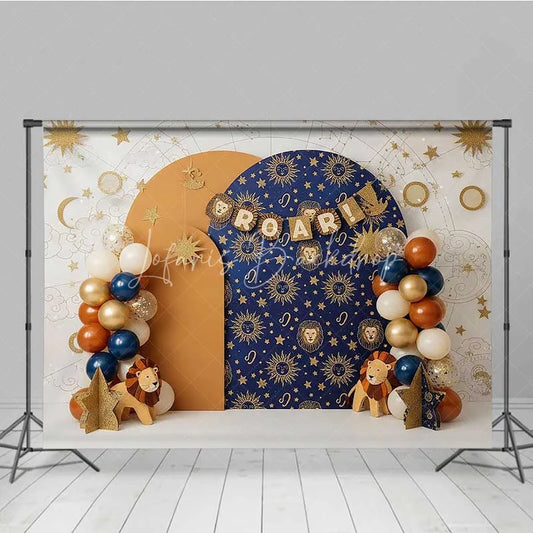 Lofaris Leo Zodiac Cake Smash Backdrop Navy and Orange Lion Party Background for Roar Birthday