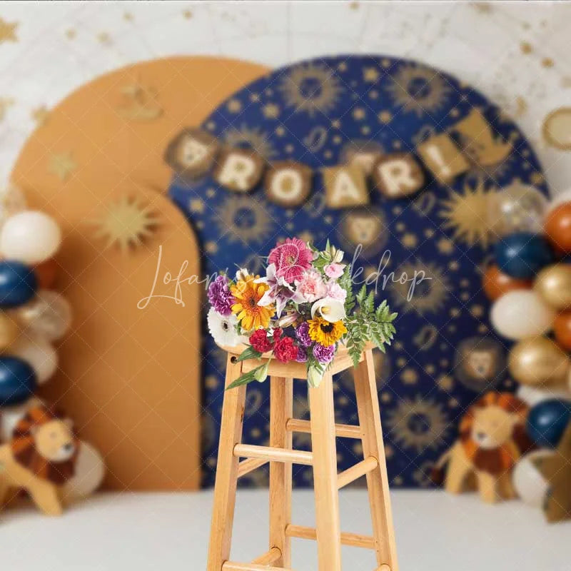 Lofaris Leo Zodiac Cake Smash Backdrop Navy and Orange Lion Party Background for Roar Birthday