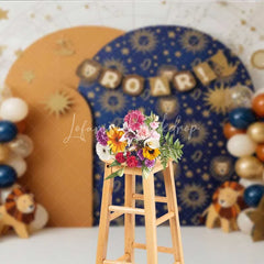 Lofaris Leo Zodiac Cake Smash Backdrop Navy and Orange Lion Party Background for Roar Birthday