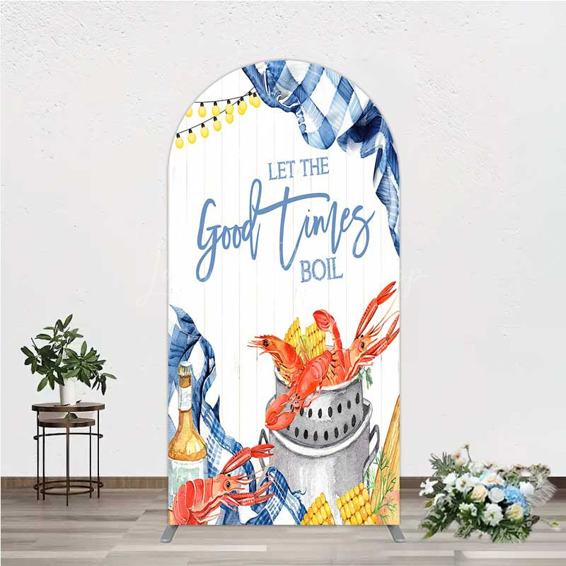 Lofaris Let the Good Times Boil Crawfish Party Arch Backdrop Summer Seafood with Corn Blue Gingham Photo Prop