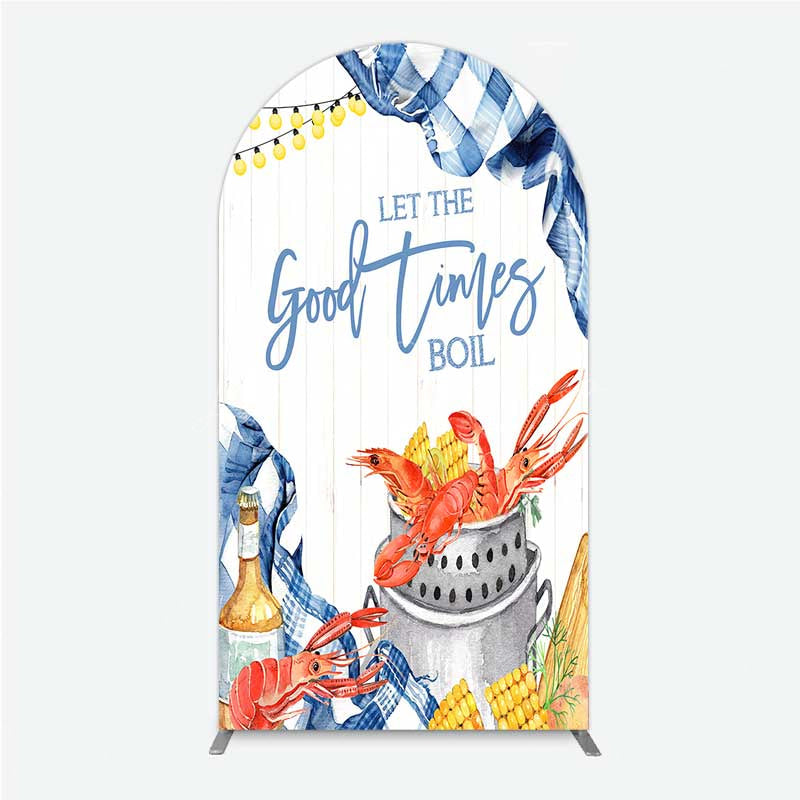 Lofaris Let the Good Times Boil Crawfish Party Arch Backdrop Summer Seafood with Corn Blue Gingham Photo Prop