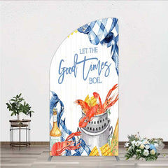 Lofaris Let the Good Times Boil Crawfish Party Half Moon Arch Backdrop Summer Seafood with Corn Blue Gingham Photo Prop
