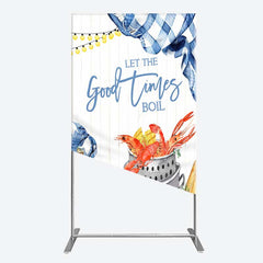 Lofaris Let the Good Times Boil Crawfish Party Rectangle Backdrop Summer Seafood with Corn Blue Gingham Photo Prop