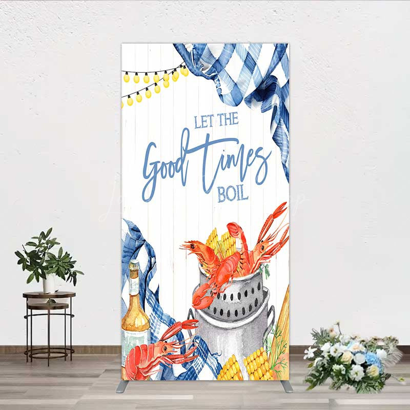 Lofaris Let the Good Times Boil Crawfish Party Rectangle Backdrop Summer Seafood with Corn Blue Gingham Photo Prop