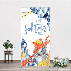 Lofaris Let the Good Times Boil Crawfish Party Rectangle Backdrop Summer Seafood with Corn Blue Gingham Photo Prop