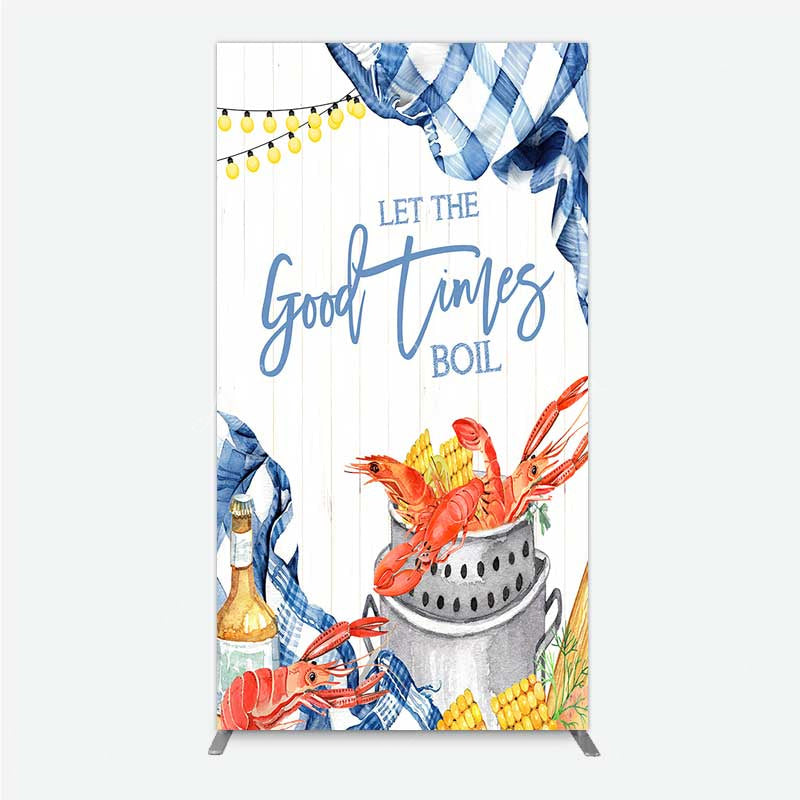 Lofaris Let the Good Times Boil Crawfish Party Rectangle Backdrop Summer Seafood with Corn Blue Gingham Photo Prop