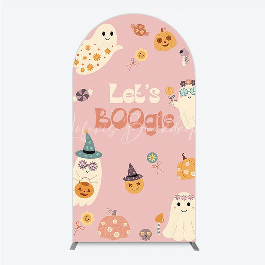 Lofaris Let’s Boogie Groovy Halloween Arch Backdrop Cute Retro Ghost and Pumpkin Pink Spooky Themed Party Decor