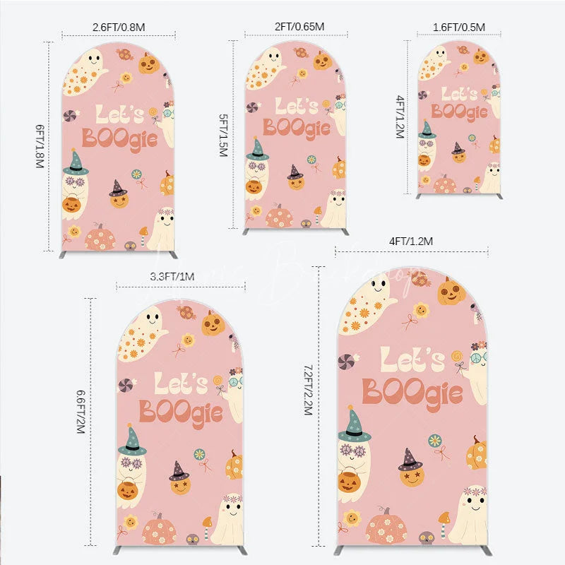 Lofaris Let’s Boogie Groovy Halloween Arch Backdrop Cute Retro Ghost and Pumpkin Pink Spooky Themed Party Decor
