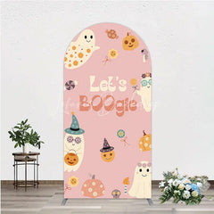 Lofaris Let’s Boogie Groovy Halloween Arch Backdrop Cute Retro Ghost and Pumpkin Pink Spooky Themed Party Decor