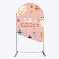 Lofaris Let’s Boogie Groovy Halloween Arch Backdrop Cute Retro Ghost and Pumpkin Pink Spooky Themed Party Decor