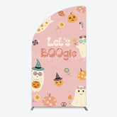 Lofaris Let’s Boogie Groovy Halloween Half Moon Arch Backdrop Cute Retro Ghost and Pumpkin Pink Spooky Themed Party Decor