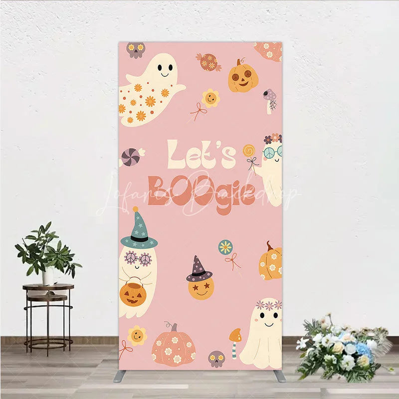 Lofaris Let’s Boogie Groovy Halloween Rectangle Backdrop Cute Retro Ghost and Pumpkin Pink Spooky Themed Party Decor