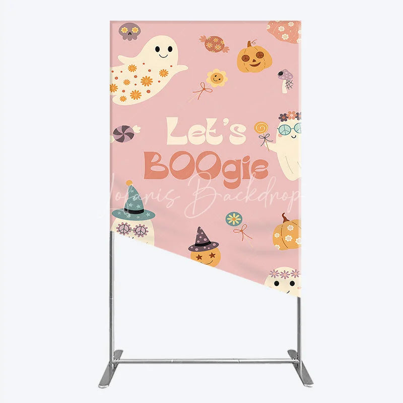 Lofaris Let’s Boogie Groovy Halloween Rectangle Backdrop Cute Retro Ghost and Pumpkin Pink Spooky Themed Party Decor