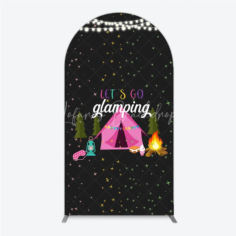Lofaris Let’s Go Glamping Arched Backdrop Pink Tent and Stars for Girls Camping Party Sleepover Photo Booth Decor