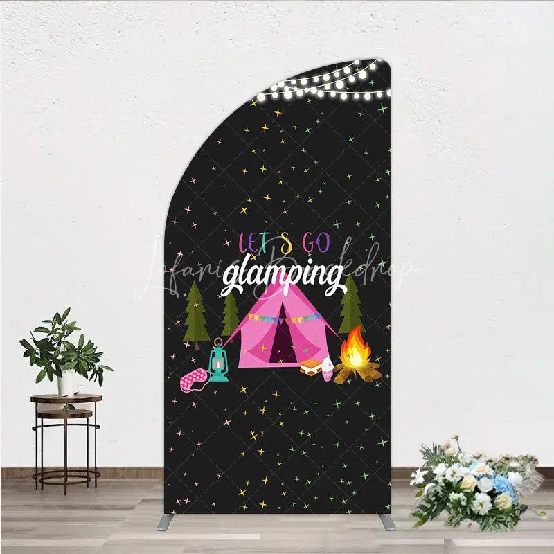 Lofaris Let’s Go Glamping Half Moon Arched Backdrop Pink Tent and Stars for Girls Camping Party Sleepover Photo Booth Decor