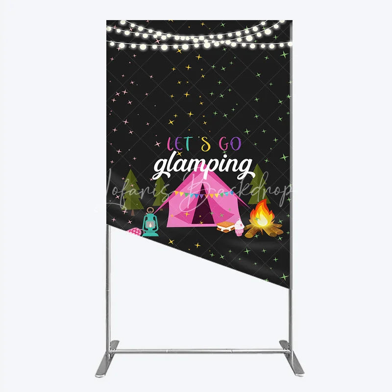 Lofaris Let’s Go Glamping Rectangleed Backdrop Pink Tent and Stars for Girls Camping Party Sleepover Photo Booth Decor