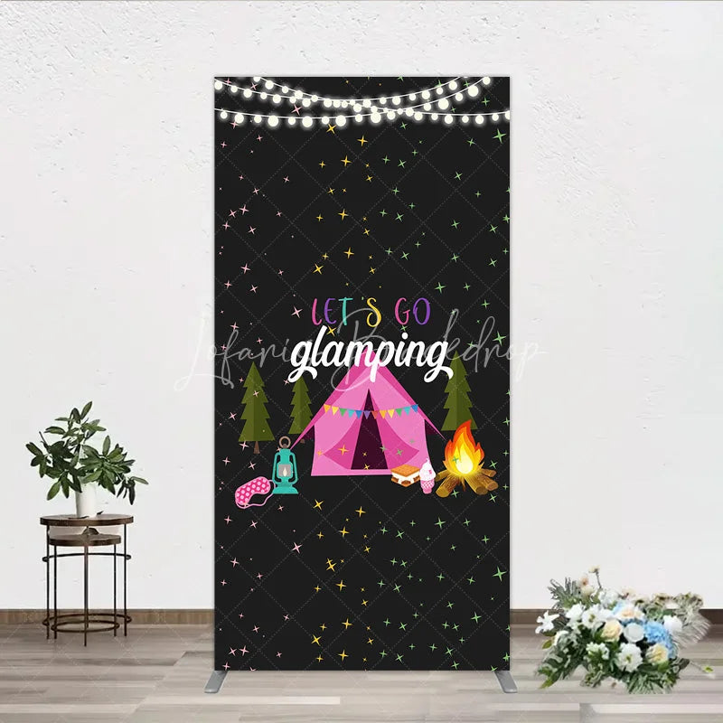 Lofaris Let’s Go Glamping Rectangleed Backdrop Pink Tent and Stars for Girls Camping Party Sleepover Photo Booth Decor