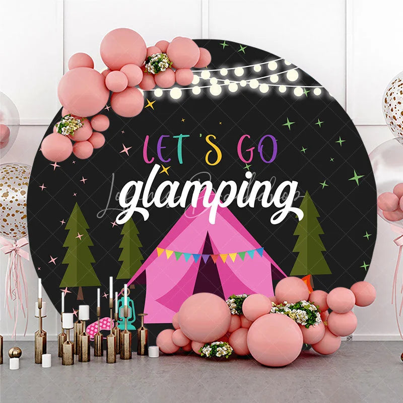 Lofaris Let’s Go Glamping Round Backdrop for Birthday Girls Sleepover Party with Tent Campfire and String Lights Decor