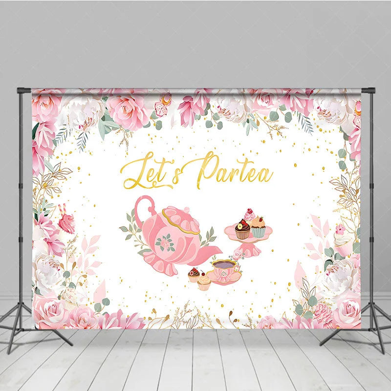 Lofaris Let’s Partea Tea Party Backdrop Pink Teapot Floral Rose and Cupcake Girl Birthday Background