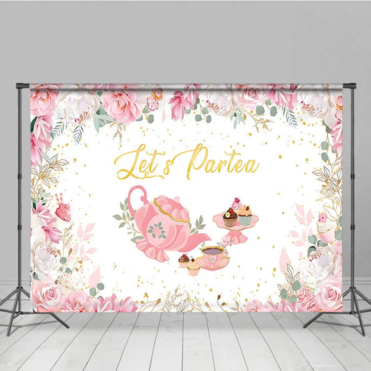 Lofaris Let’s Partea Tea Party Backdrop Pink Teapot Floral Rose and Cupcake Girl Birthday Background
