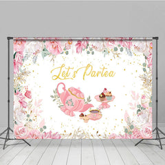 Lofaris Let’s Partea Tea Party Backdrop Pink Teapot Floral Rose and Cupcake Girl Birthday Background
