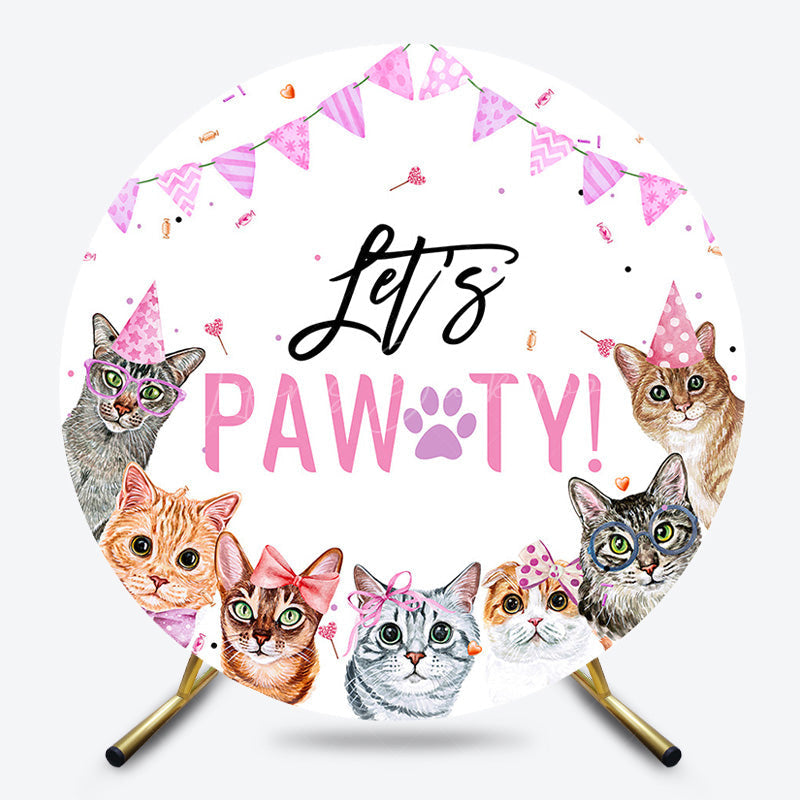 Lofaris Lets Pawty Cute Cats Ribbons Round Birthday Backdrop