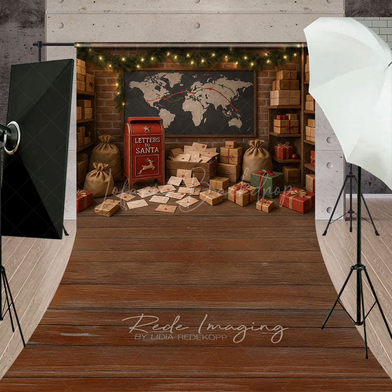 Lofaris Letters to Santa Workshop Sweep Backdrop Christmas Mailroom with Wood Floor Holiday Mini Session Drop