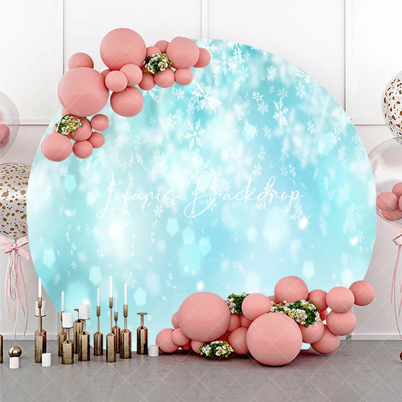 Lofaris Light Blue and White Falling Snowflakes Sparkling Bokeh Winter Wonderland Round Backdrop Festive Party Decor.
