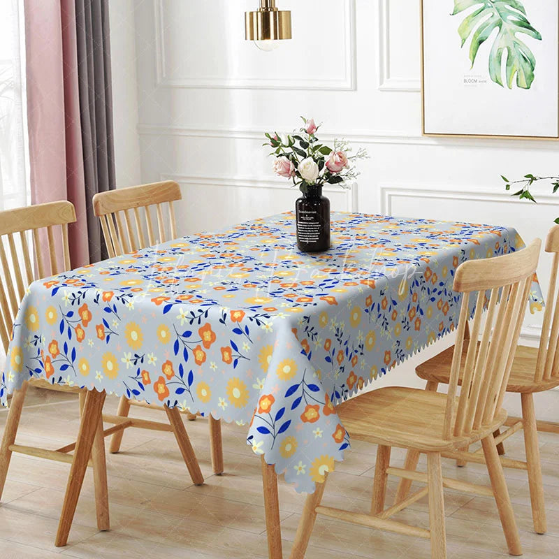 Lofaris Light Blue Daisy Floral Rectangle Tablecloth Orange Yellow Flower Dining Table Cover for Party
