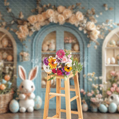 Lofaris Light Blue Floral Shelf Bunny Easter Photo Backdrop