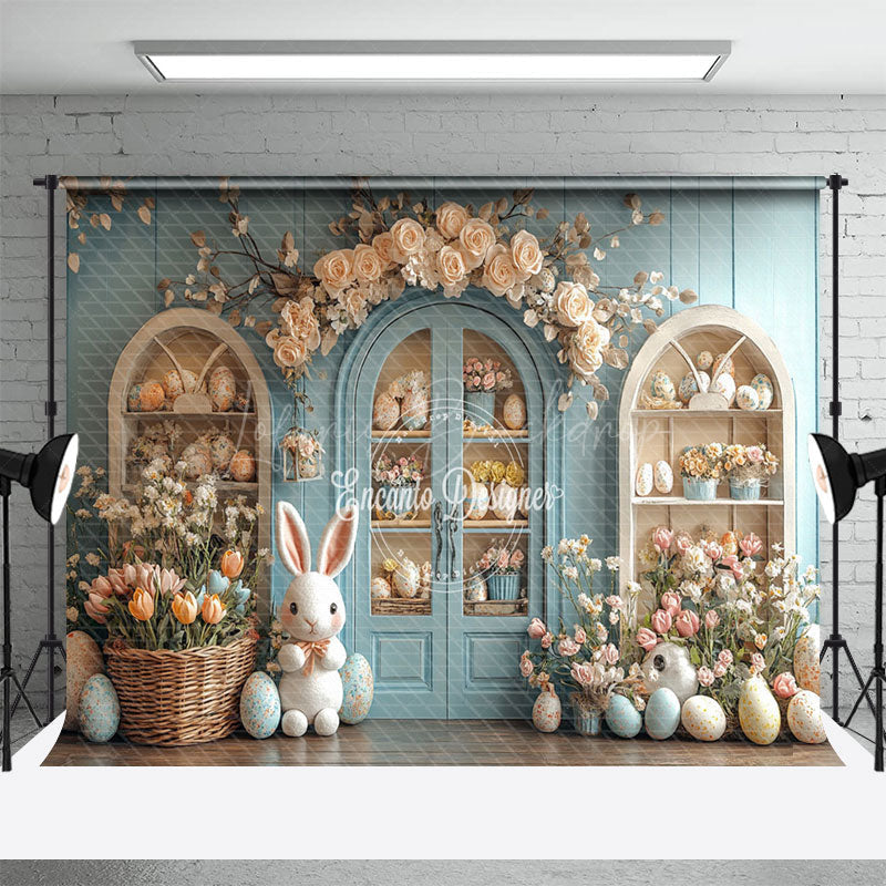 Lofaris Light Blue Floral Shelf Bunny Easter Photo Backdrop