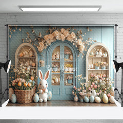 Lofaris Light Blue Floral Shelf Bunny Easter Photo Backdrop