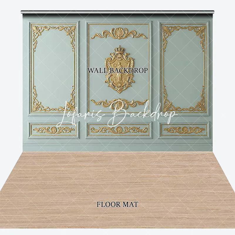 Lofaris Light Blue-Green and Gold Ornate Royal Crest Combo Set Backdrop Classic Elegant Photography Studio Prop