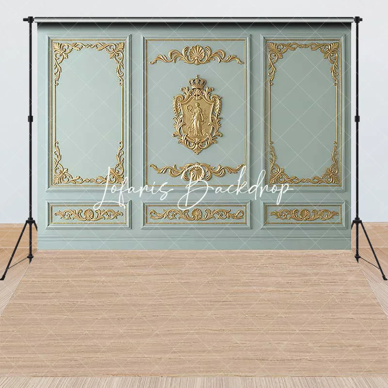 Lofaris Light Blue-Green and Gold Ornate Royal Crest Combo Set Backdrop Classic Elegant Photography Studio Prop