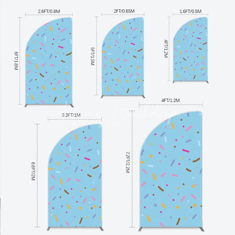 Lofaris Light Blue Half Moon Arch Backdrop with Colorful Sprinkles and Stars Sweet Candy Theme Party Decor