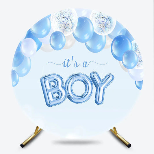 Lofaris Light Blue It’s a Boy Round Backdrop with White and Balloons Baby Shower Gender Reveal Party Decor