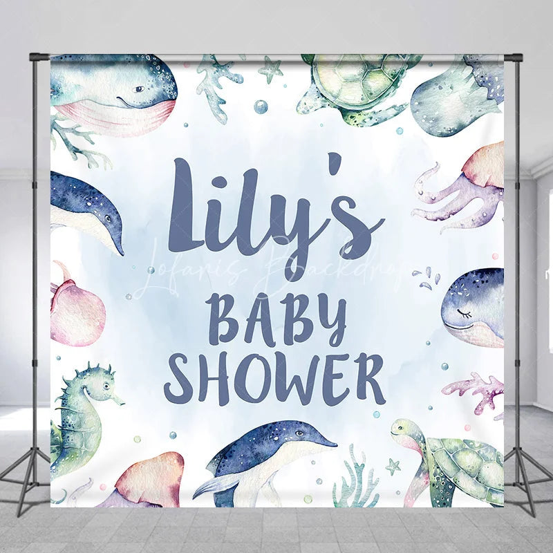 Lofaris Light Blue Watercolor Ocean Sea Creatures Personalized Name Baby Shower Custom Backdrop Under the Theme Party Decor