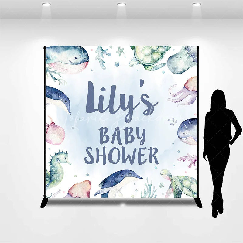 Lofaris Light Blue Watercolor Ocean Sea Creatures Personalized Name Baby Shower Custom Backdrop Under the Theme Party Decor