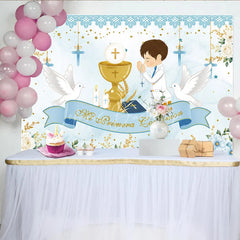 Lofaris Light Blue White Gold First Communion Theme Birthday Backdrop Praying Boy Chalice Doves Floral Decor.