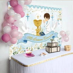 Lofaris Light Blue White Gold First Communion Theme Birthday Backdrop Praying Boy Chalice Doves Floral Decor.