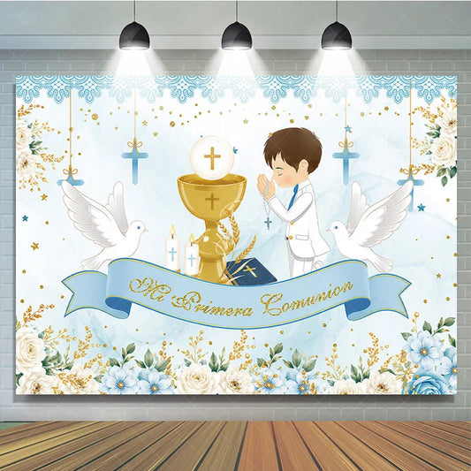 Lofaris Light Blue White Gold First Communion Theme Birthday Backdrop Praying Boy Chalice Doves Floral Decor.