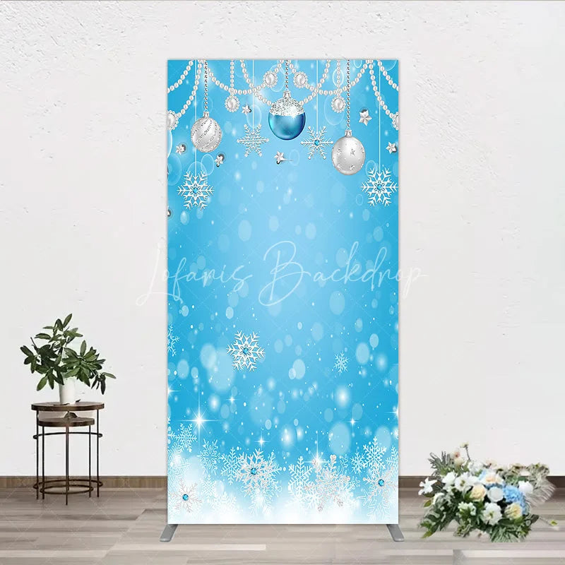 Lofaris Light Blue Winter Wonderland Rectangle Arch Backdrop with Silver Ornaments Pearl Garlands and Sparkling Snowflakes