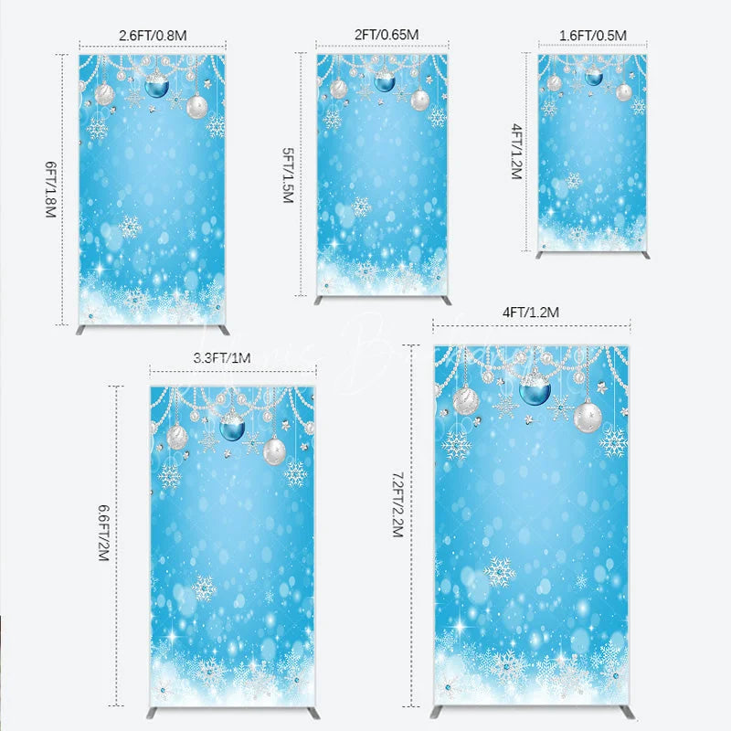 Lofaris Light Blue Winter Wonderland Rectangle Arch Backdrop with Silver Ornaments Pearl Garlands and Sparkling Snowflakes