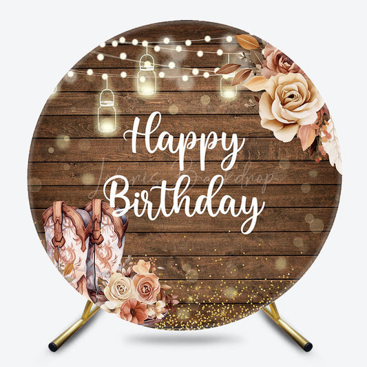 Lofaris Light Floral Cowgirl Wooded Round Birthday Backdrop