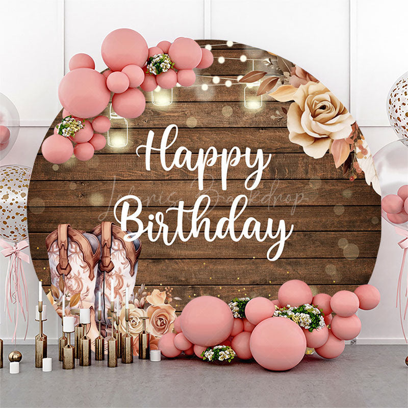 Lofaris Light Floral Cowgirl Wooded Round Birthday Backdrop
