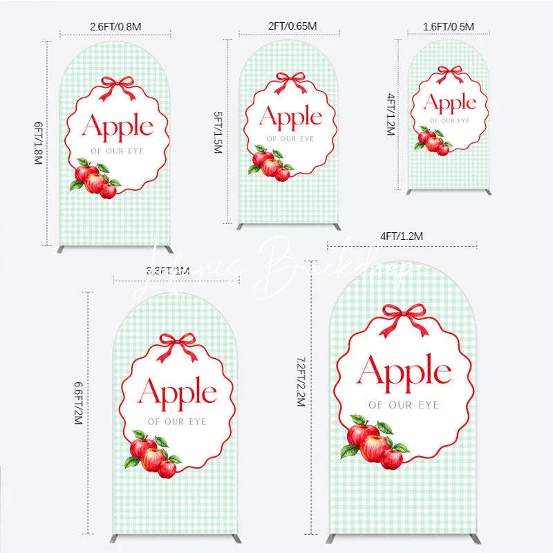 Lofaris Light Green Gingham Apple of Our Eye Round Top Arch Backdrop Red Bow and Apples Baby Shower Decor