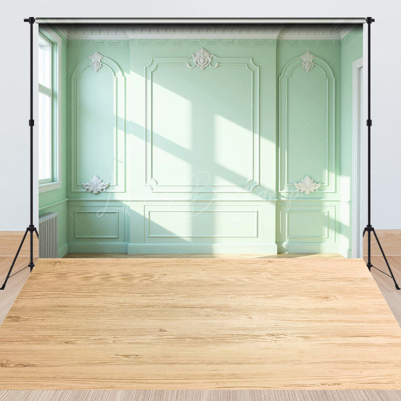 Lofaris Light Green Wall Wood Grain Floor Combo Set Backdrop