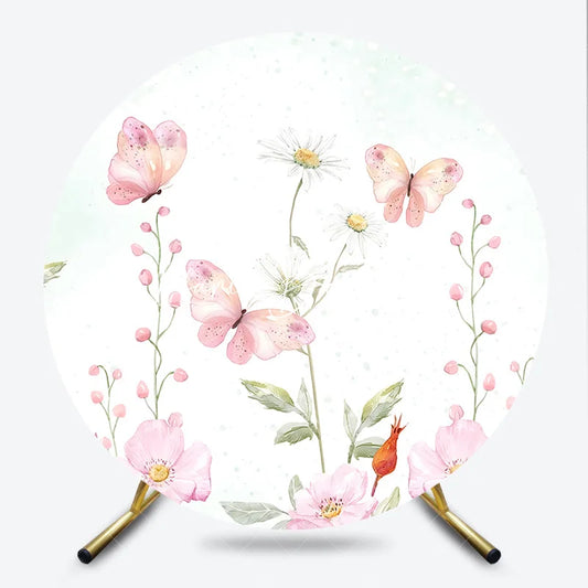 Lofaris Light Green Watercolor Pink Butterfly and Daisy Floral Round Backdrop Spring Garden Birthday Baby Shower Decor